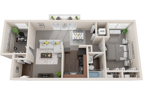 1 bed 1 bath with den, 861sf 3d floor plan  at Kenilworth at Charles Apartments, Towson, 21204